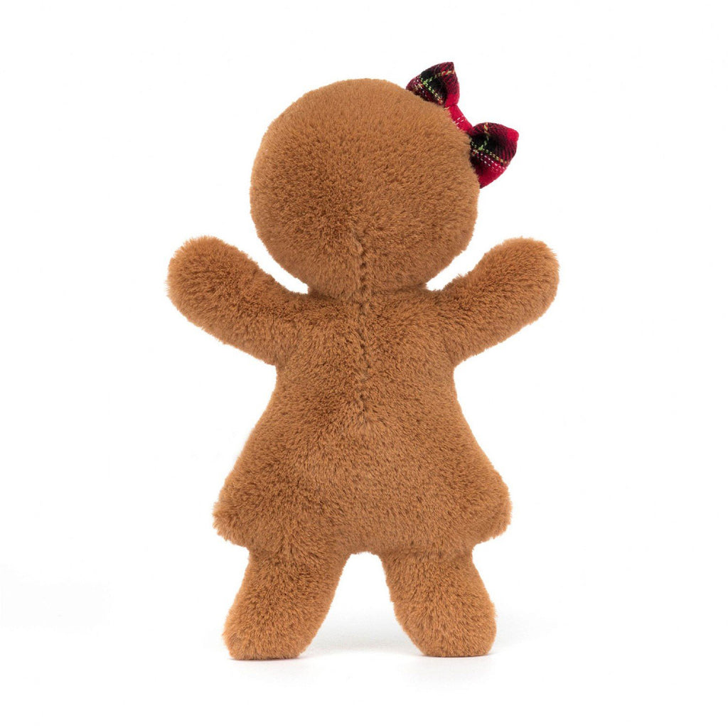Jellycat Medium Jolly Gingerbread Ruby holiday plush toy with red plaid bow, black button eyes and stitched features, back view.