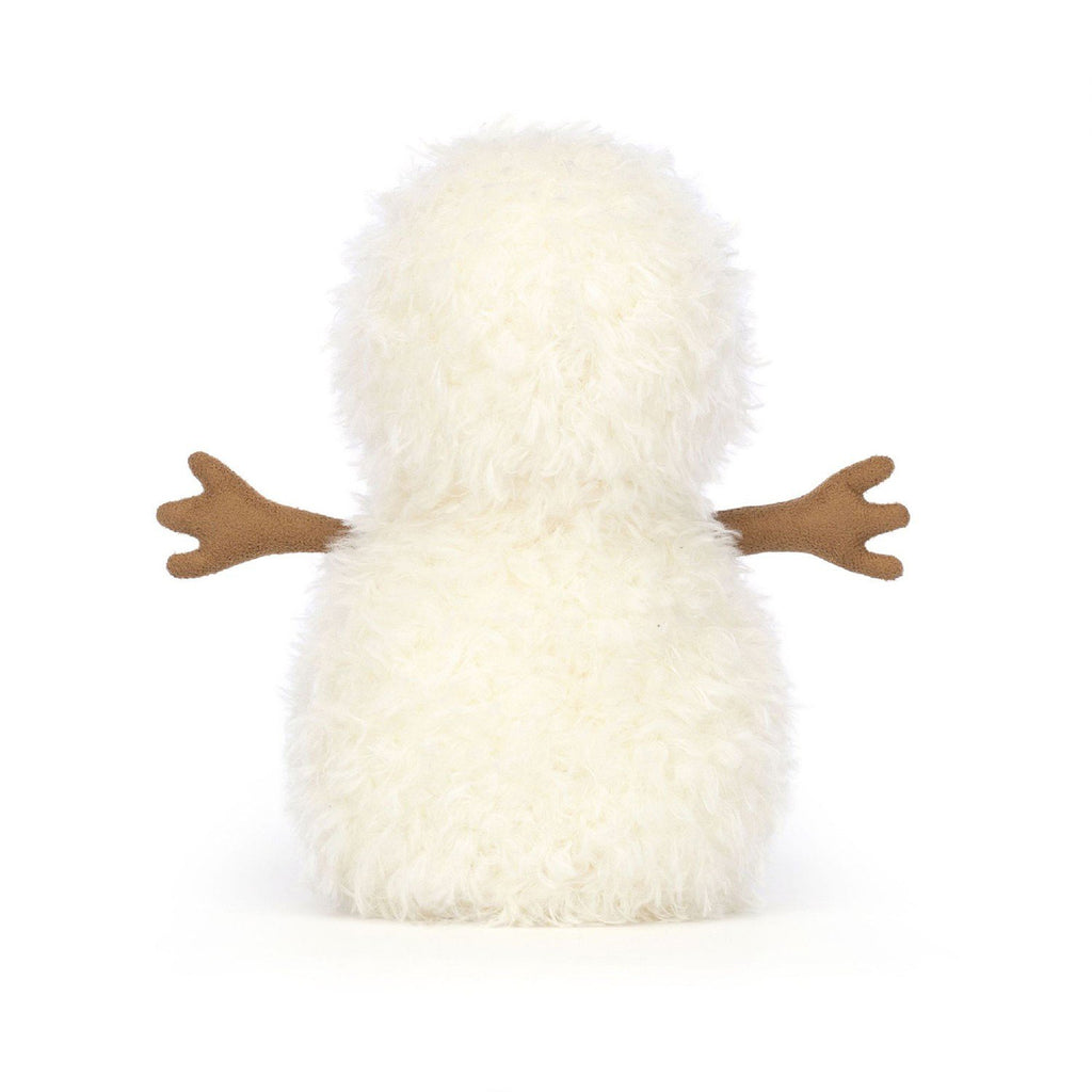 Jellycat Little Snowman plush toy with white furry body, brown stick arms, black button eyes and a suede carrot nose, back view.