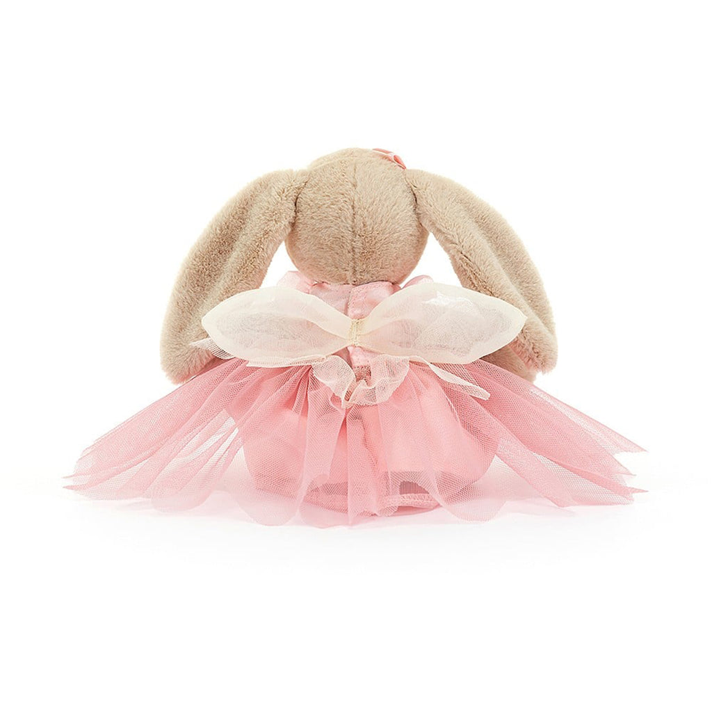 Jellycat Lottie Bunny Fairy plush toy with pink tutu and ribbon on ears, back view.