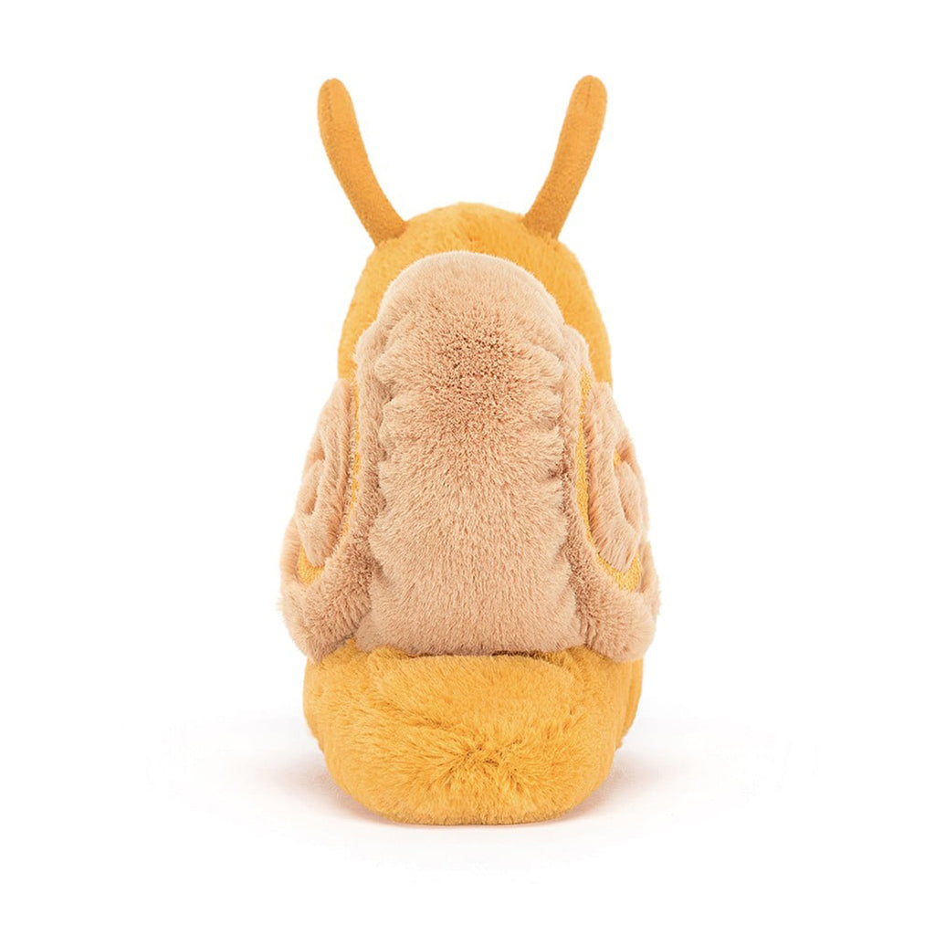 Jellycat Sandy Snail plush toy with yellow body and tan shell, back view.