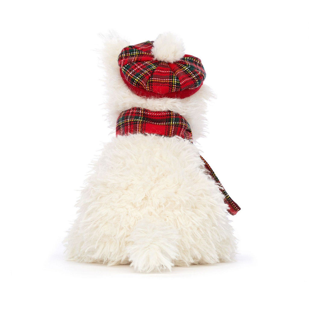 Jellycat Winter Warmer Munro Scottie Dog holiday plush, white fur with a red plaid scarf and hat, back view.