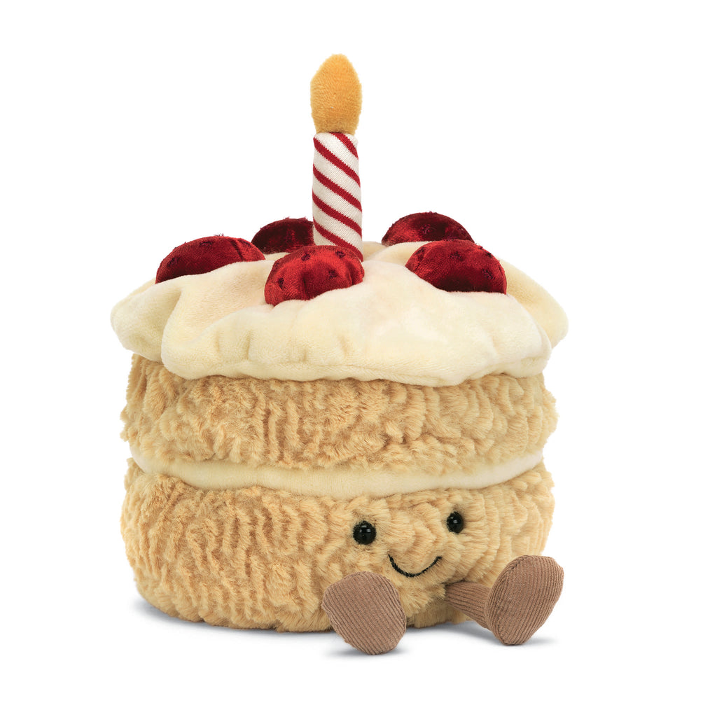 Jellycat Amuseables Birthday Cake plush toy, front angle view on white background.