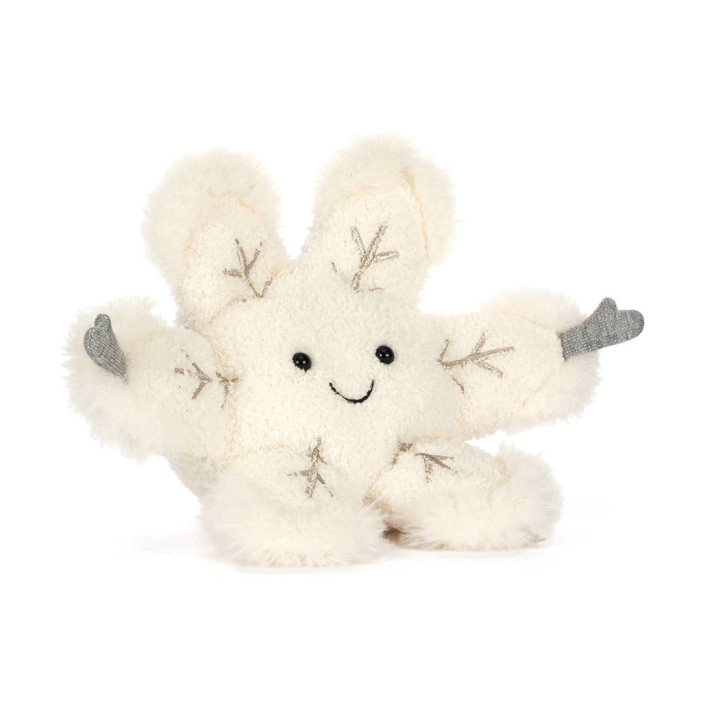 Jellycat Amuseables snowflake plush, front angle view on a white background.