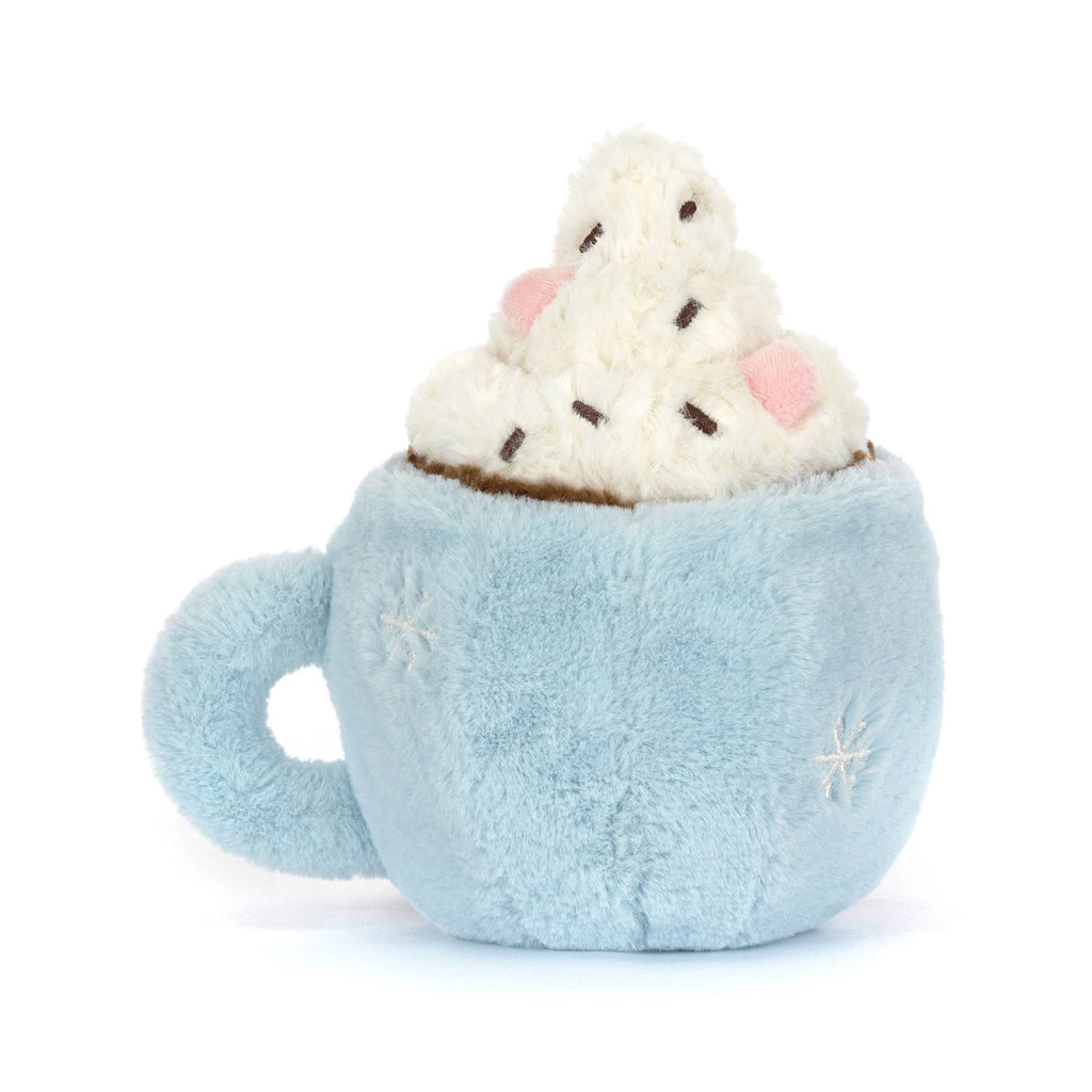 Plush toy resembling a light blue mug of hot chocolate with whipped cream, back view on a white background.