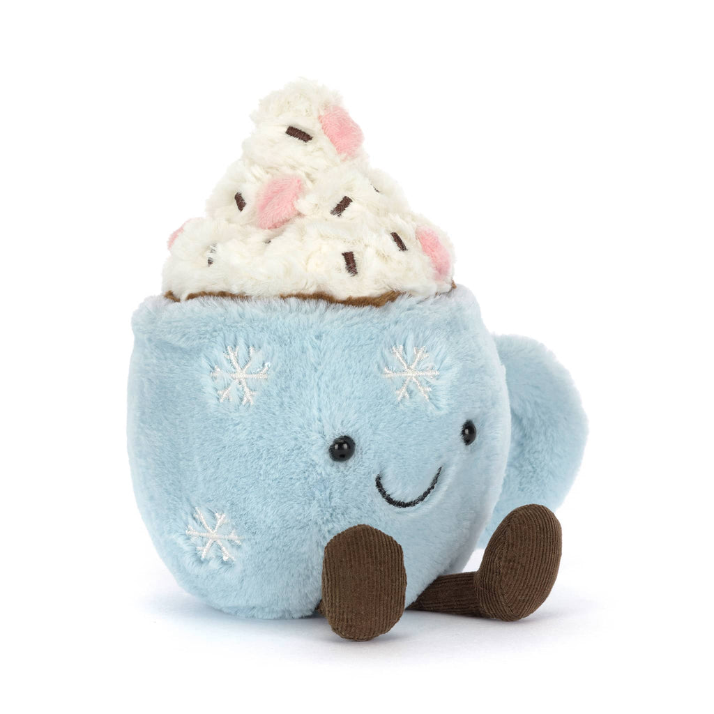 Plush toy resembling a light blue mug of hot chocolate with whipped cream, front angle view on a white background.