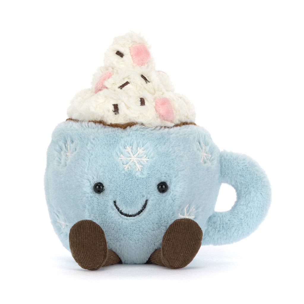 Plush toy resembling a light blue mug of hot chocolate with whipped cream, front view on a white background.