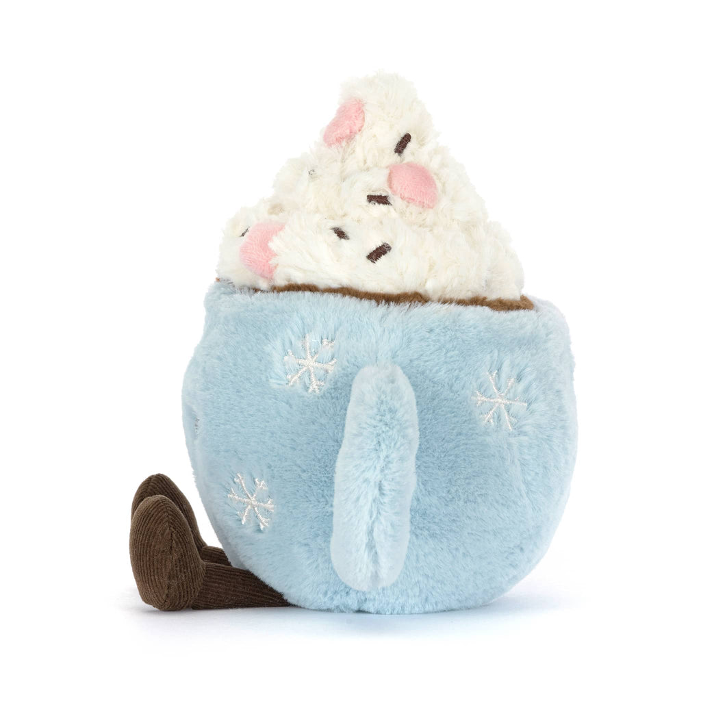 Plush toy resembling a light blue mug of hot chocolate with whipped cream, side view on a white background.
