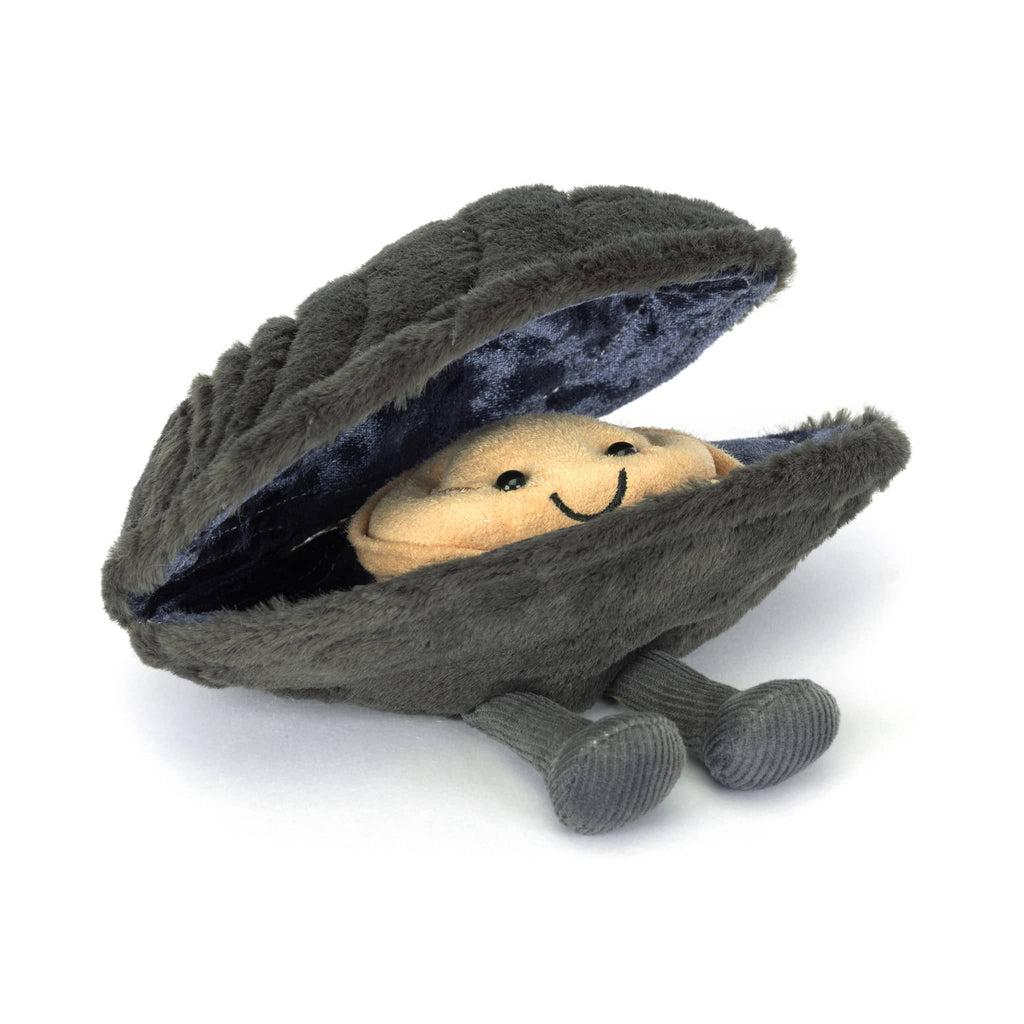 Jellycat Amuseables Michelle Mussel plush toy, front angle view.