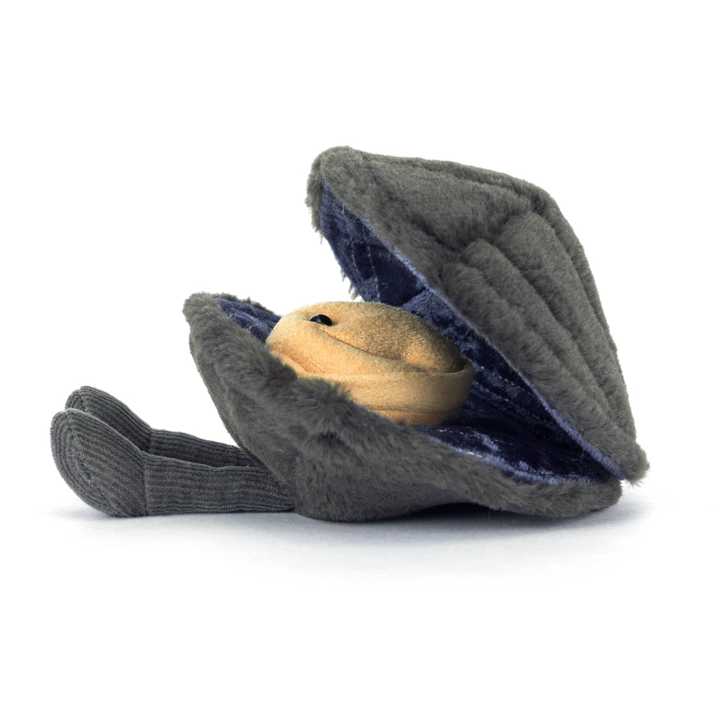 Jellycat Amuseables Michelle Mussel plush toy, side view.