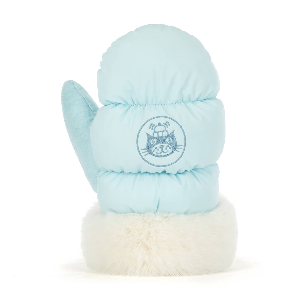 Light blue plush mitten with white cuff, back view with Jellycat logo in blue, on a white background.