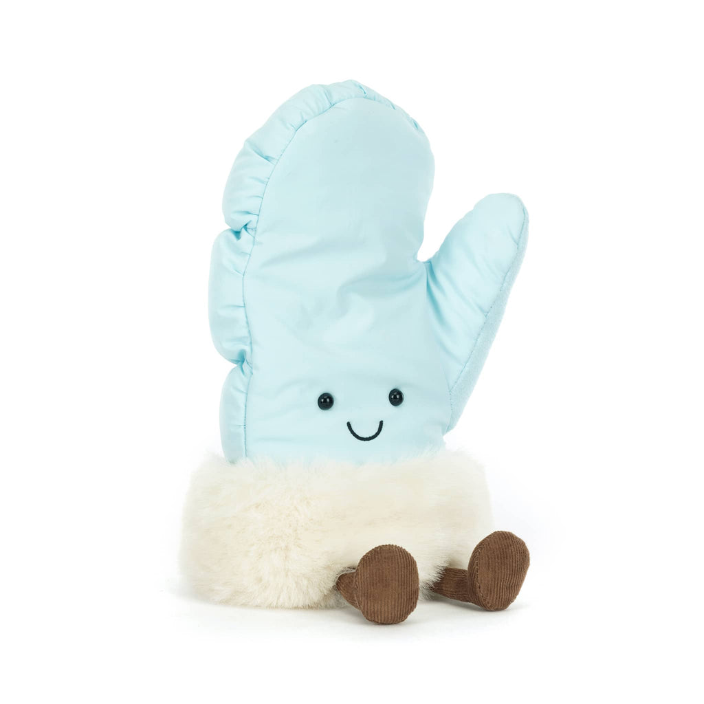 Light blue plush mitten with white cuff and a smiling face, front angle view on a white background.