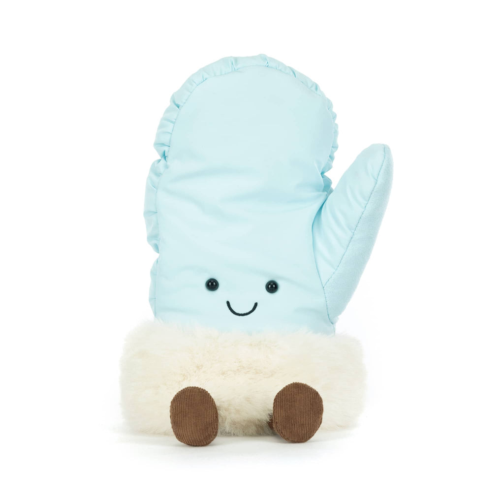 Light blue plush mitten with white cuff and a smiling face, front view on a white background.
