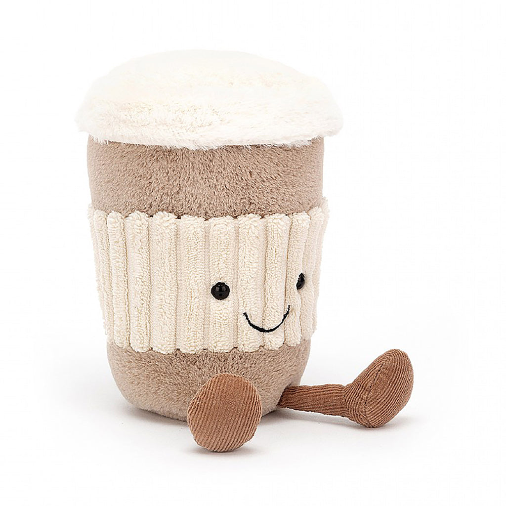 Jellycat Amuseable Coffee-to-Go plush toy with black bead eyes, stitched smile and brown corduroy legs, front view.