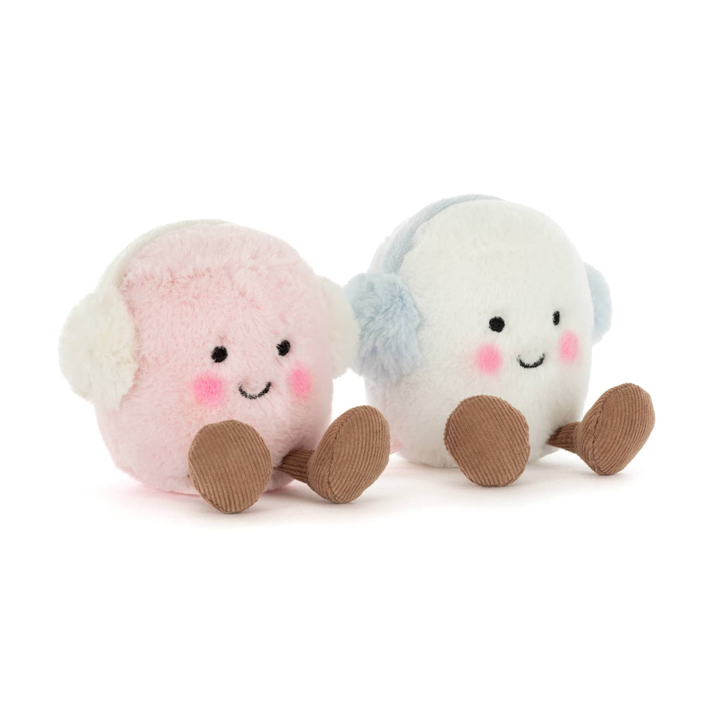 A pink and a white plush marshmallow with earmuffs, front angle view on a white background.