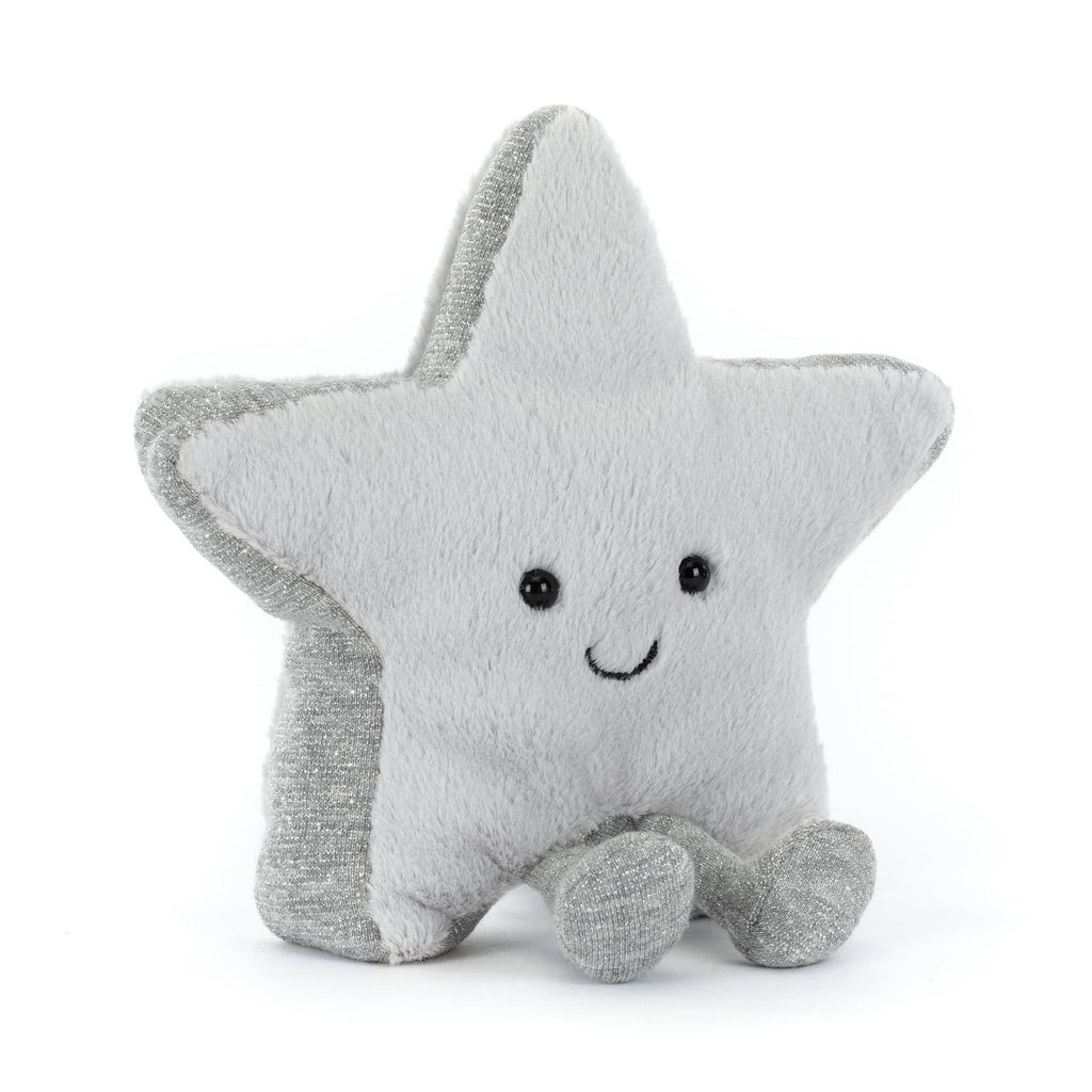 Jellycat Amuseables Silver Star plush toy, front angle view on a white background.