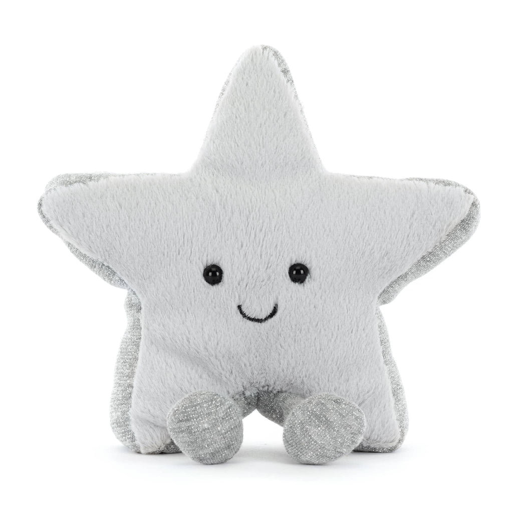 Jellycat Amuseables Silver Star plush toy, front view on a white background.