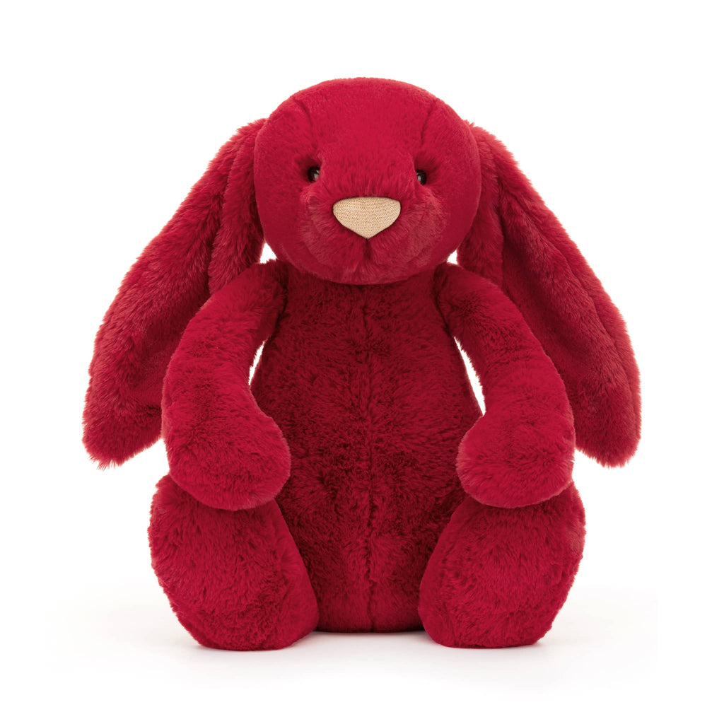 Large red plush bunny toy with floppy ears, front view, on a white background.