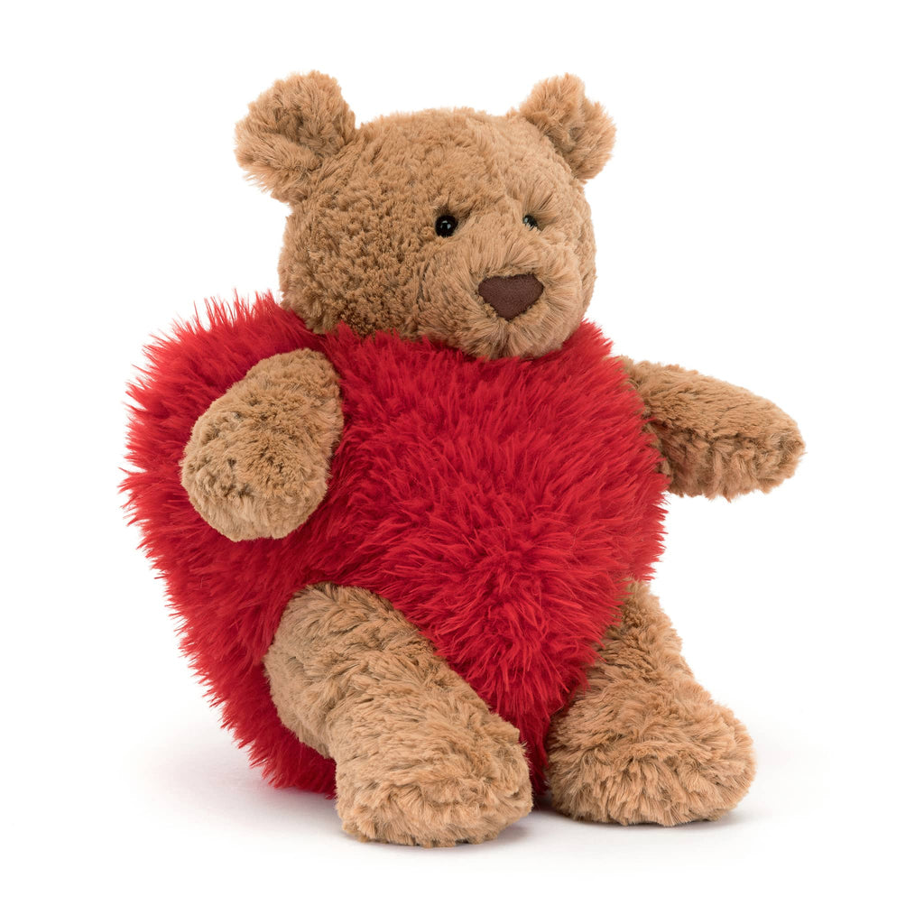 Jellycat Bartholomew Bear Heartthrob, front angle view.