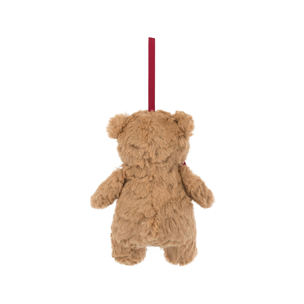 Plush teddy bear ornament with a red bow tie, back view, on a white background.