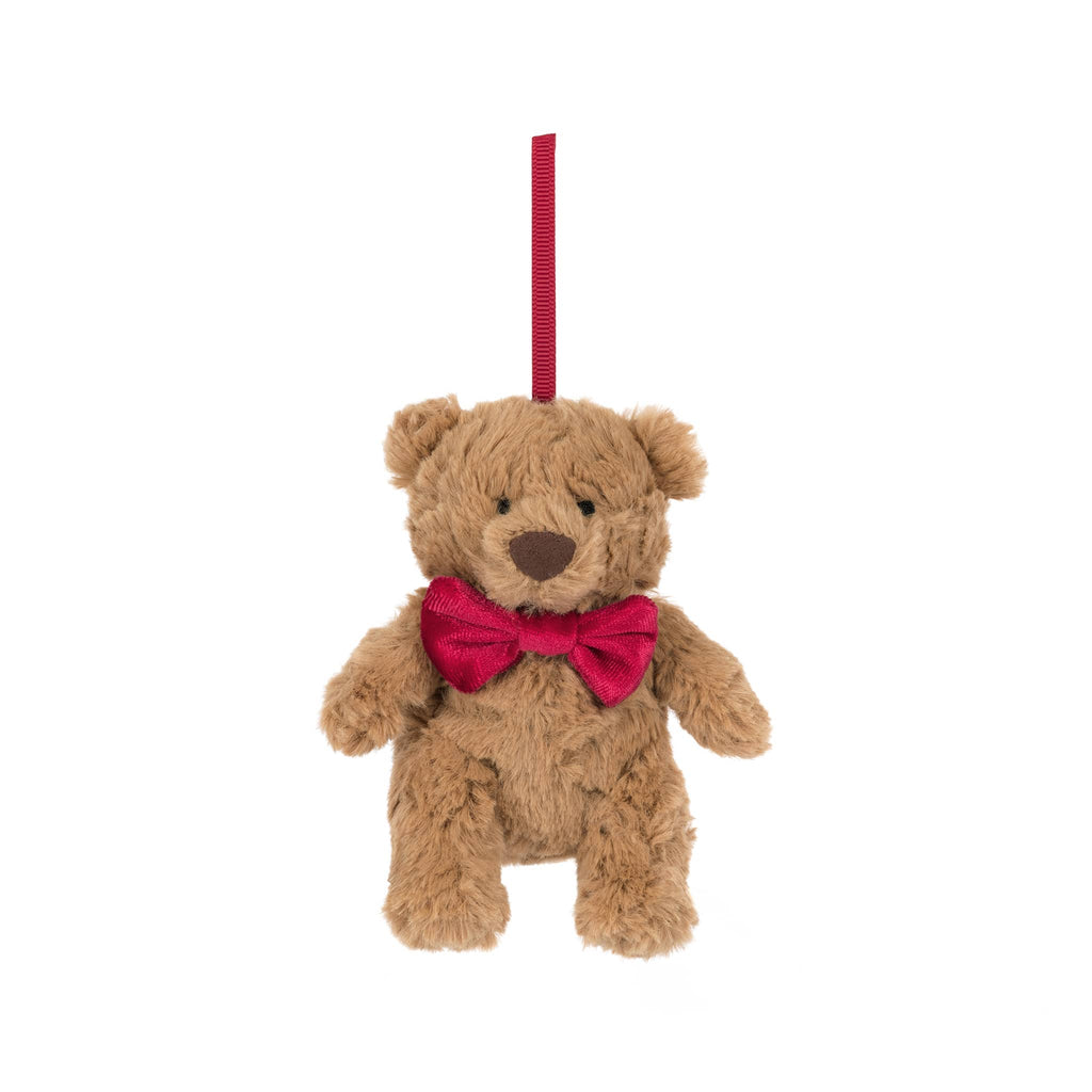 Plush teddy bear ornament with a red bow tie, front view, on a white background.