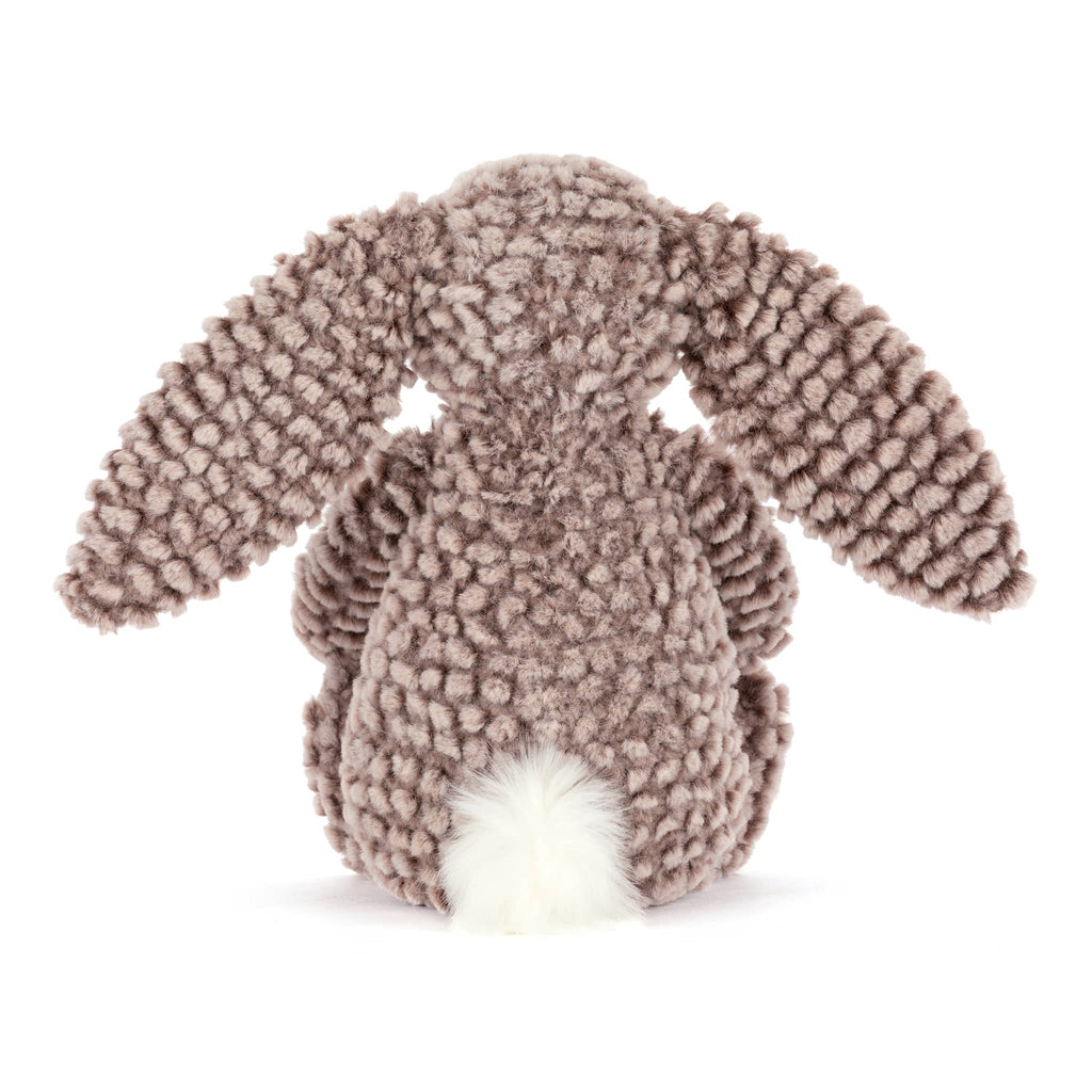 Plush bunny toy with brown textured fur, back view, on a white background.