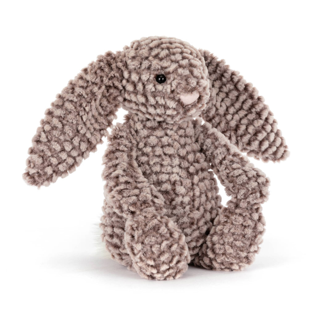 Plush bunny toy with brown textured fur, front angle view, on a white background.