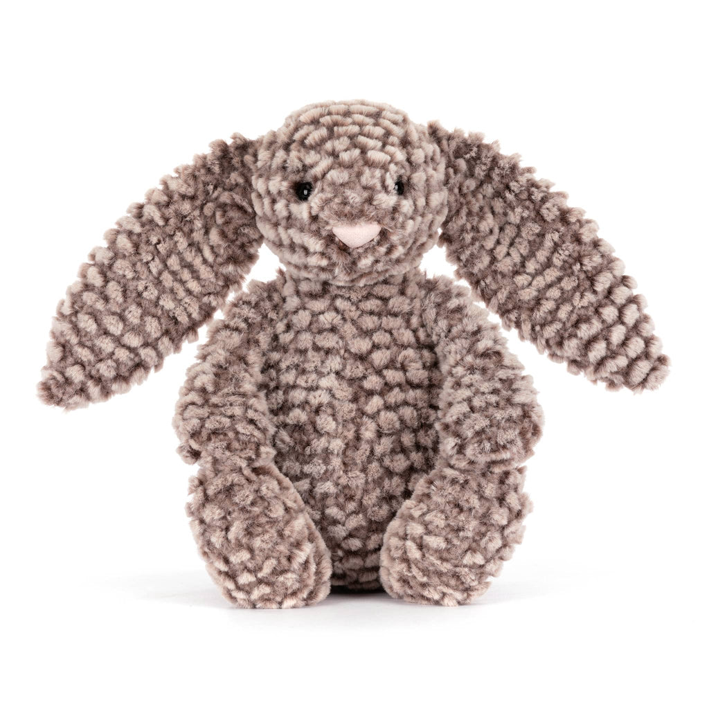 Plush bunny toy with brown textured fur, front view, on a white background.