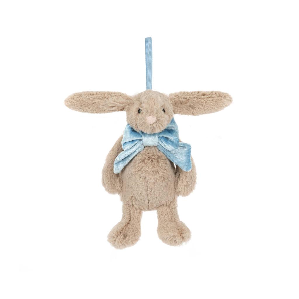 Plush beige bunny ornament with a blue bow tie, front view, on a white background.