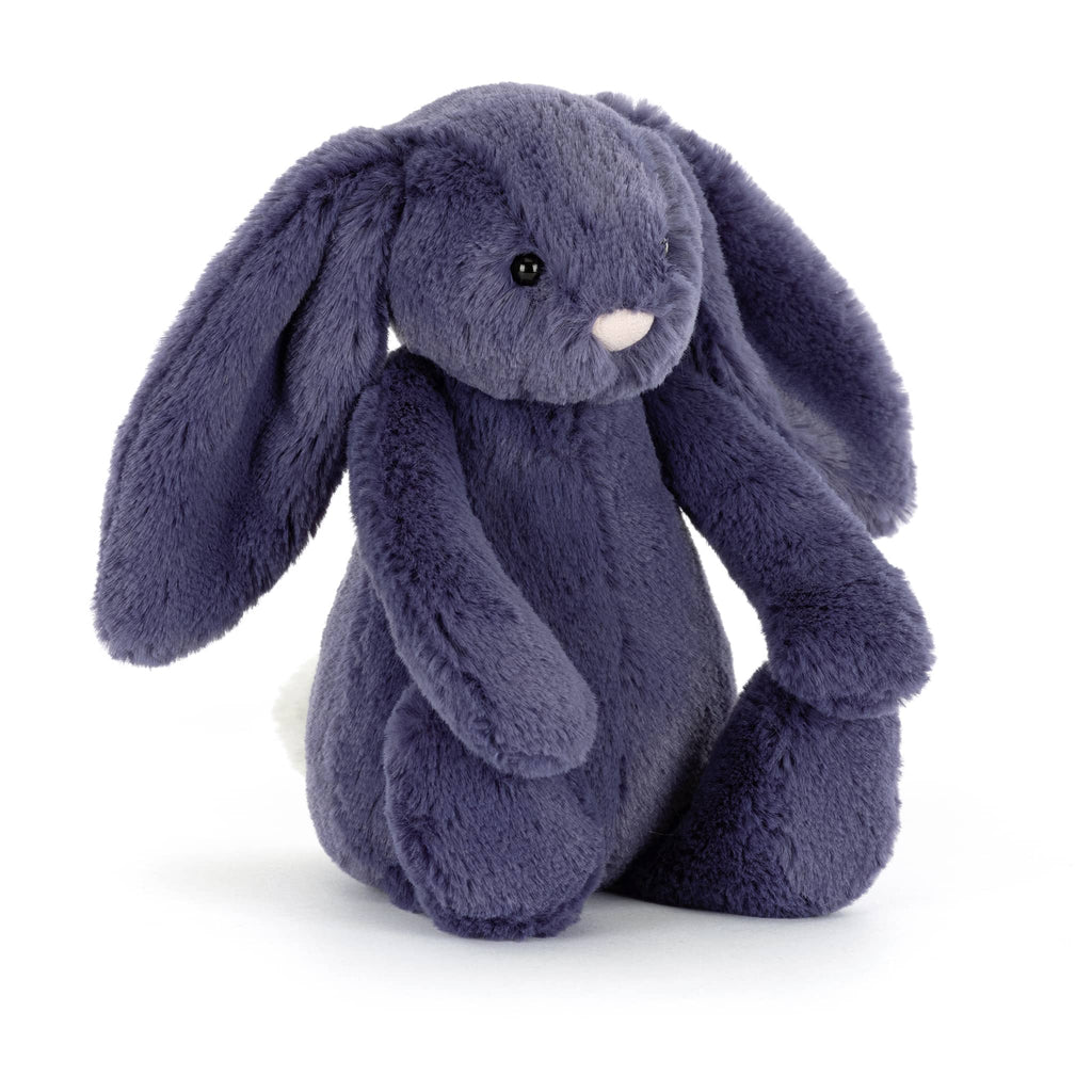 Dark blue plush bunny toy, front angle view, on a white background.