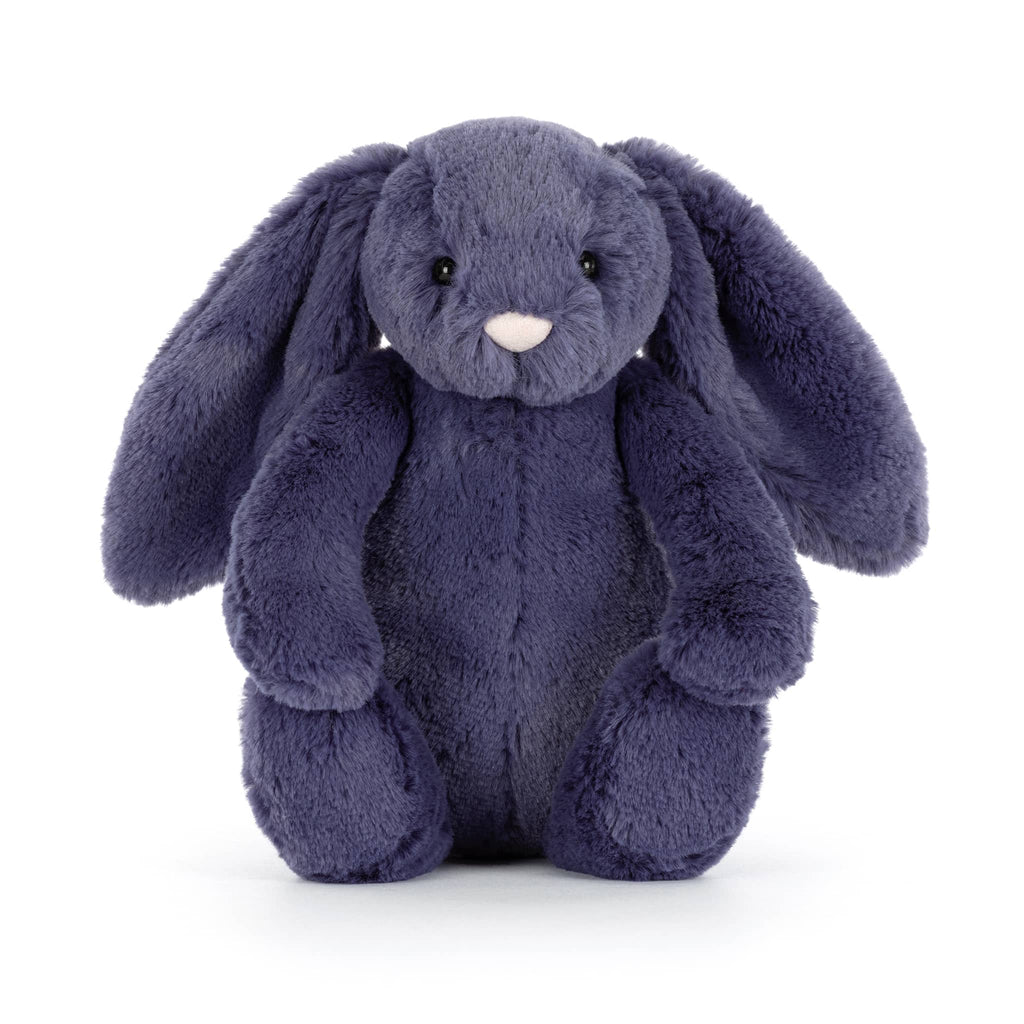 Dark blue plush bunny toy, front view, on a white background.