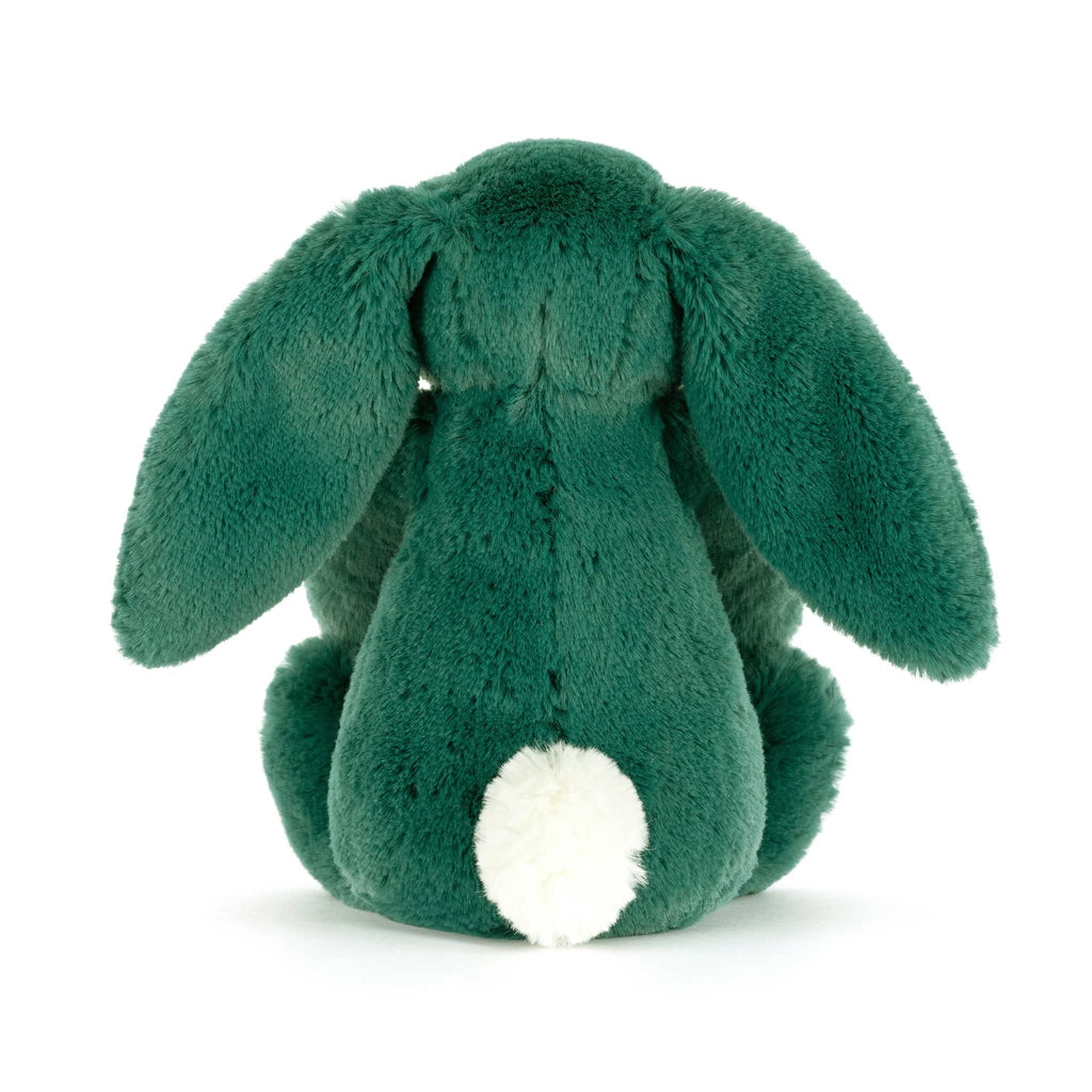 Green plush bunny toy, back view, on a white background.