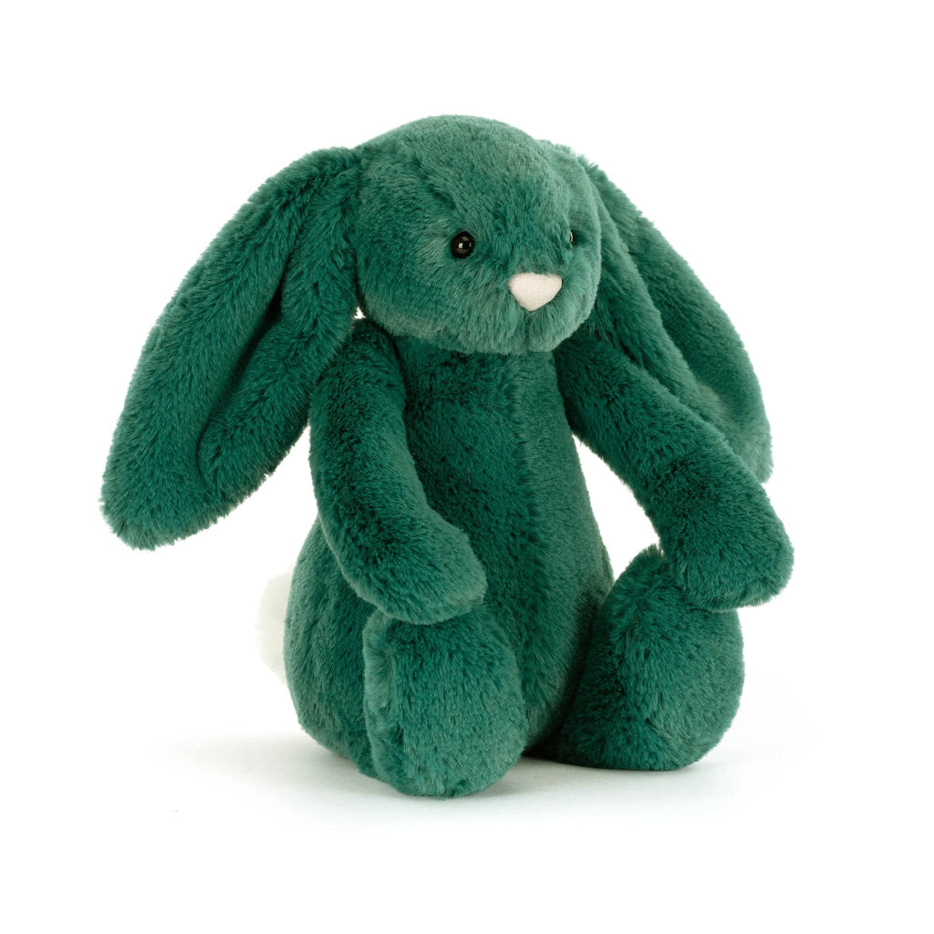 Green plush bunny toy, front angle view, on a white background.