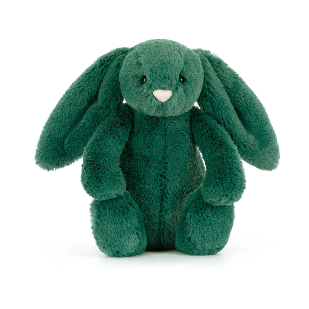 Green plush bunny toy, front view, on a white background.