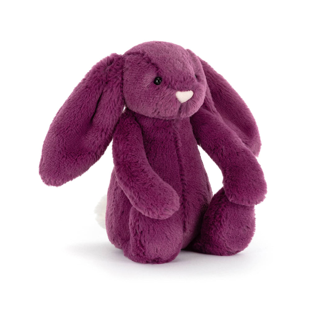 Purple plush bunny toy, front angle view, on a white background.