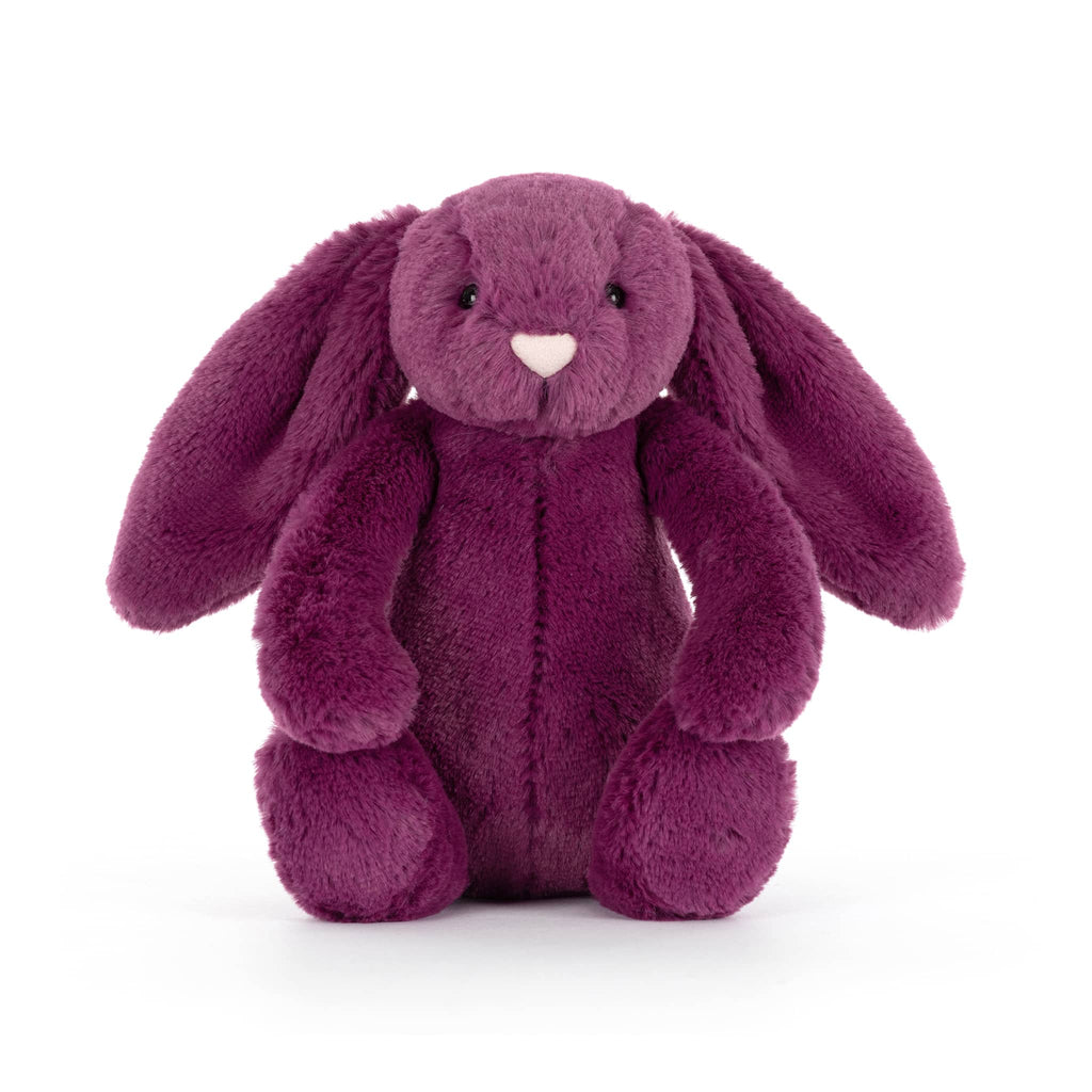 Purple plush bunny toy, front view, on a white background.