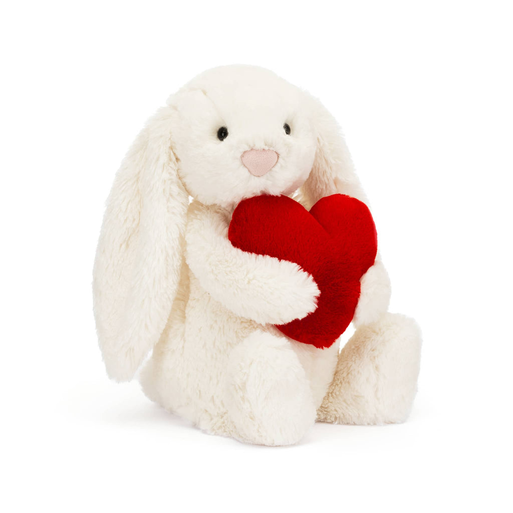 Jellycat Medium Bashful Red Love Heart Bunny, front angle view.