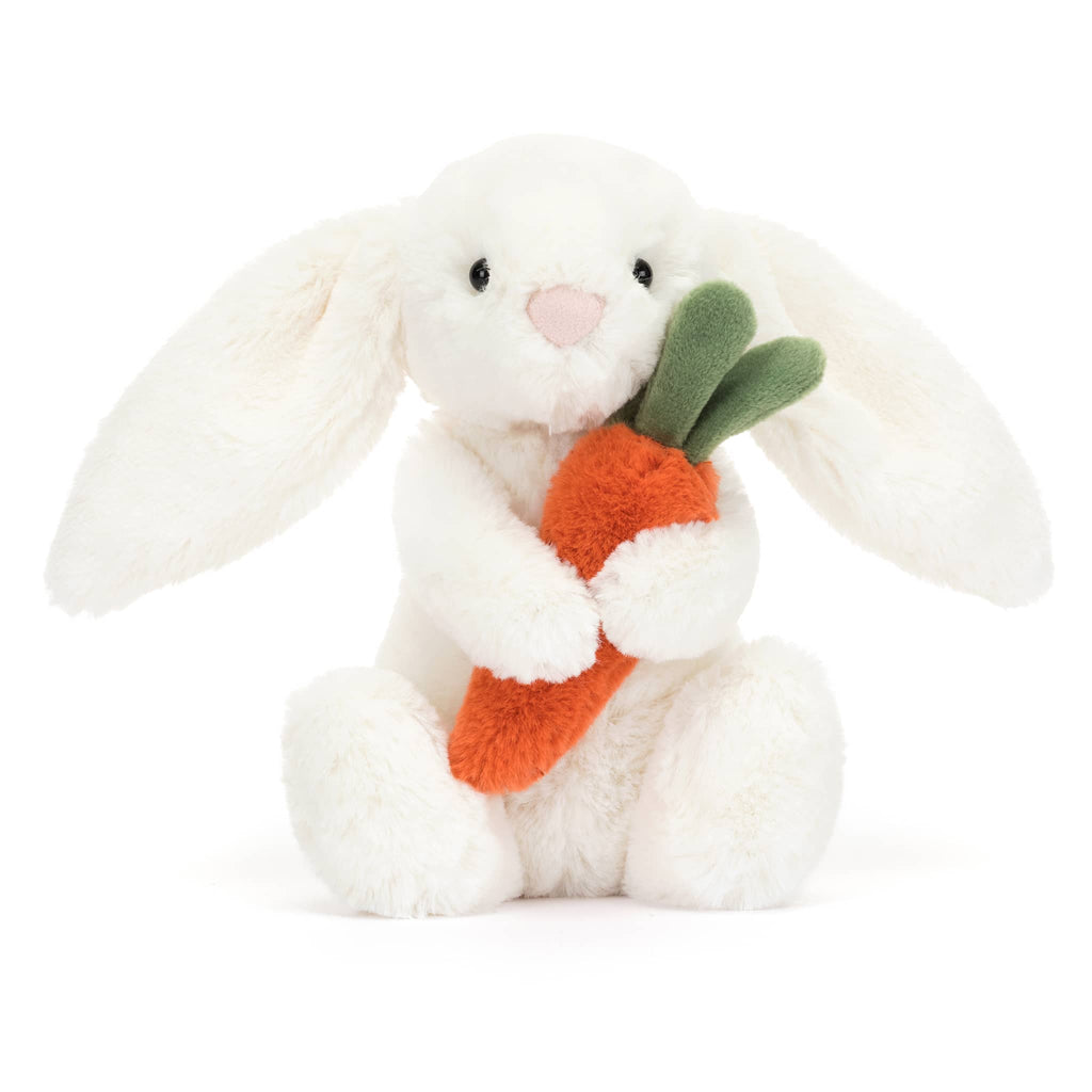 Jellycat Little Bashful Bunny with carrot, front view.