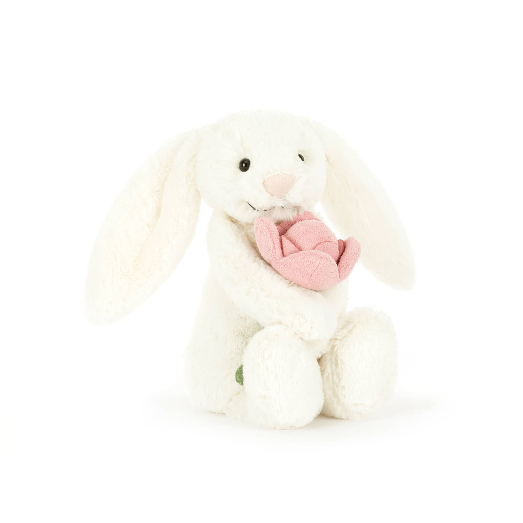 Jellycat Bashful Bunny with pink peony, front angle view.