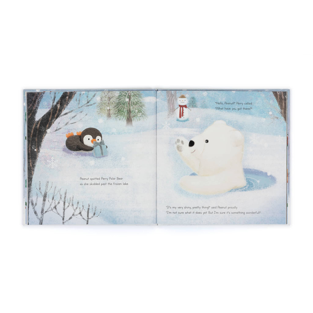 Illustrated book pages with a penguin and a polar bear in a snowy landscape.