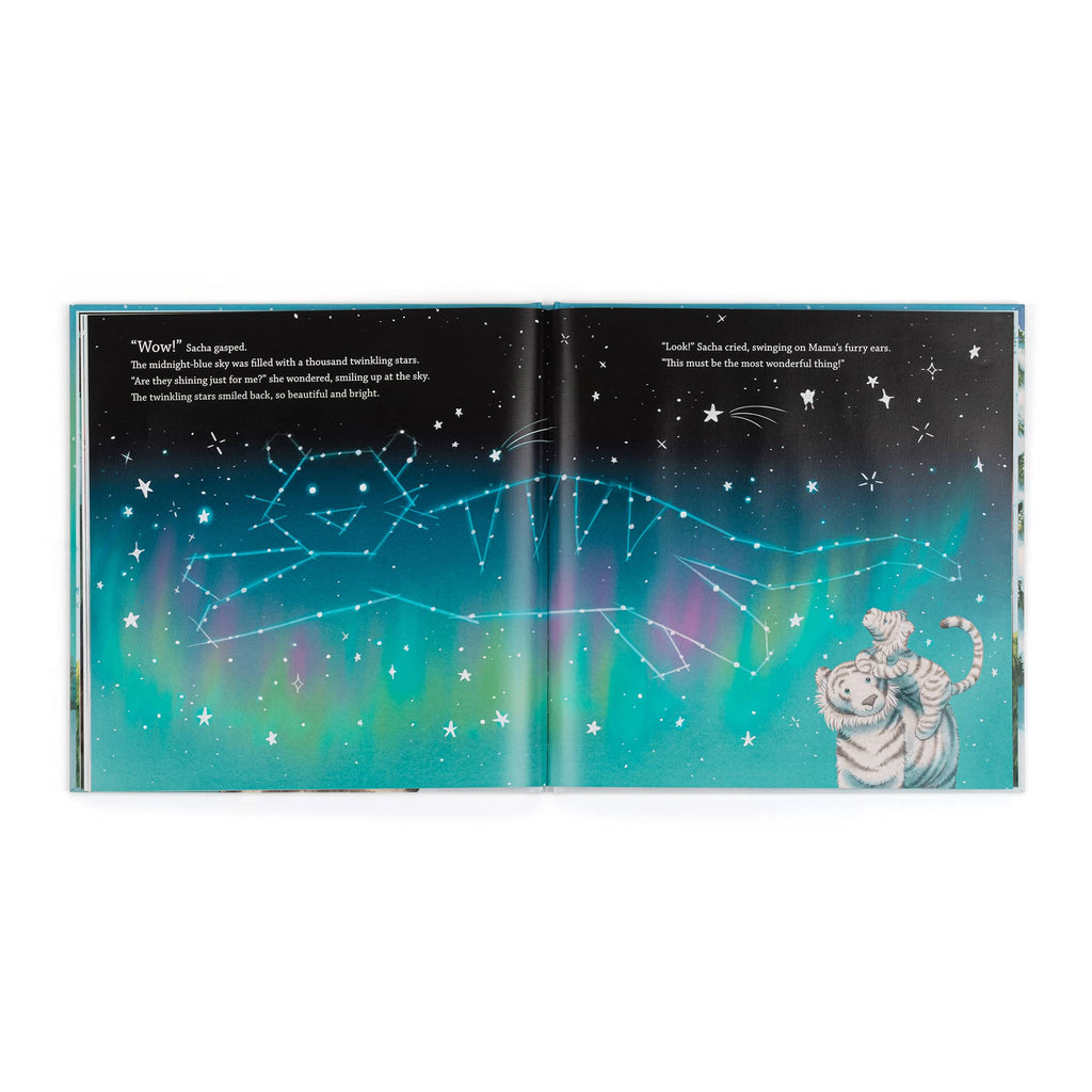 Open book showing a page with a starry night sky illustration and a snow tiger character with cub.