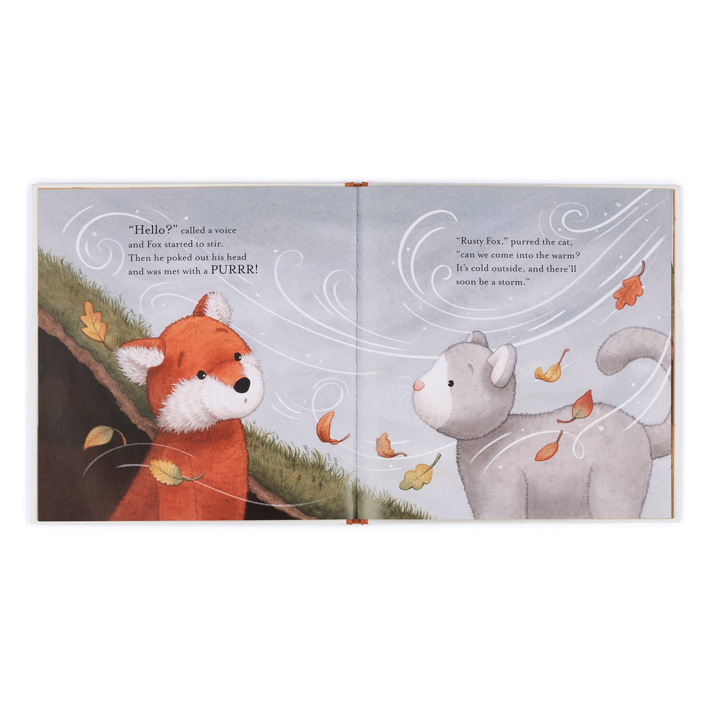 Illustrated book page with a fox and a cat on a white background.