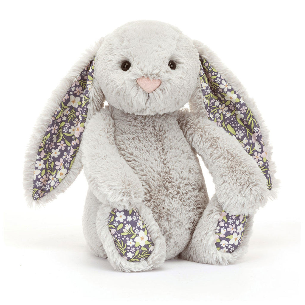 Jellycat Medium Bloom Blossom Silver Bashful Bunny, front angle view.