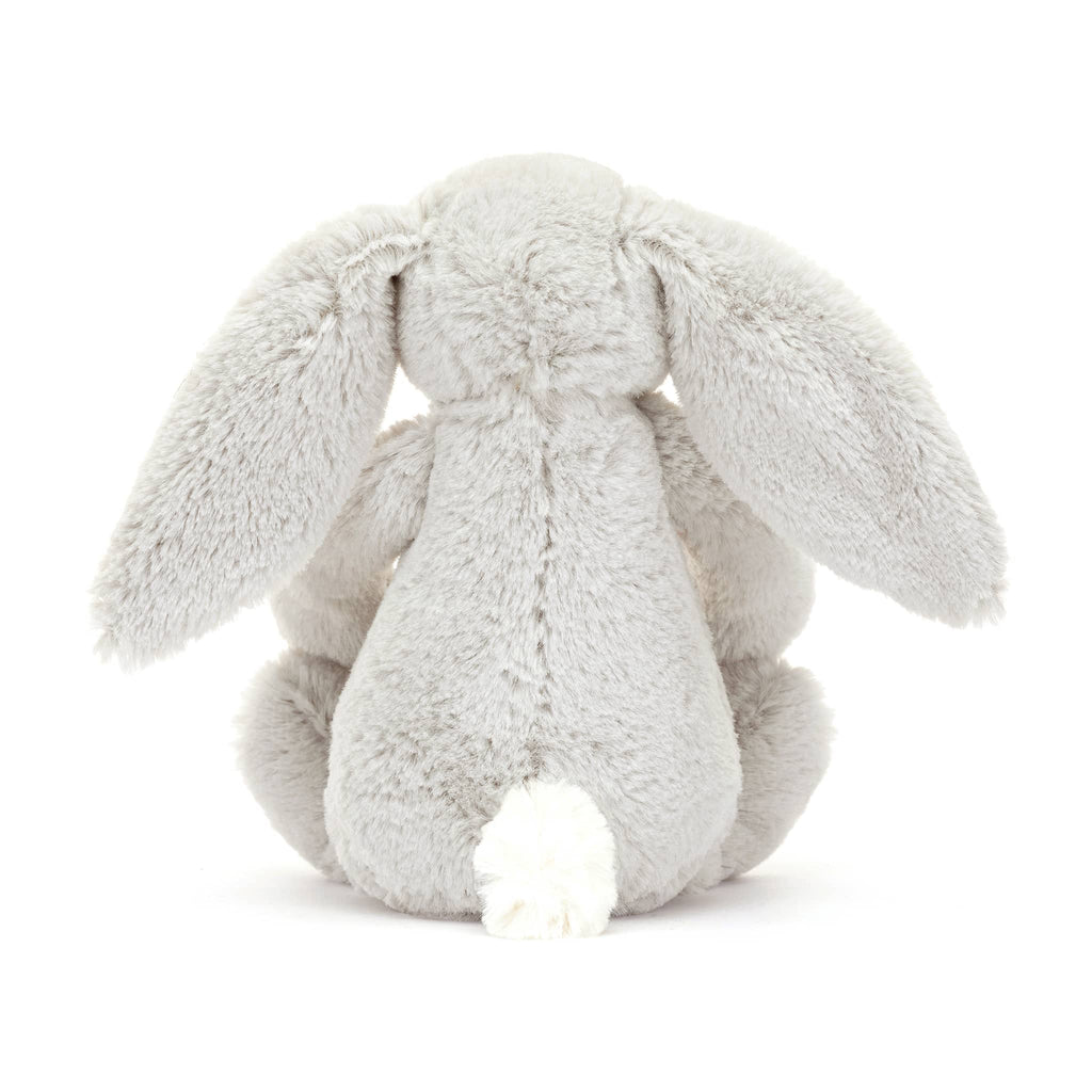 Jellycat Little Bloom Blossom Silver Bashful Bunny, back view.