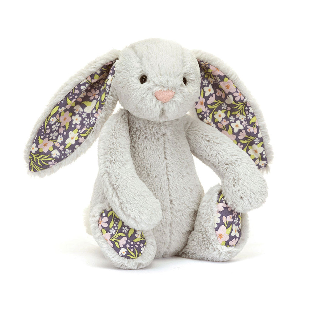 Jellycat Little Bloom Blossom Silver Bashful Bunny, front angle view.