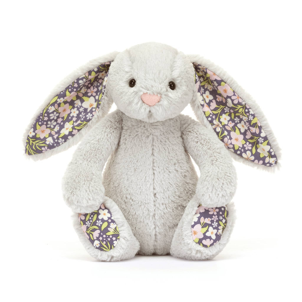 Jellycat Little Bloom Blossom Silver Bashful Bunny, front view.