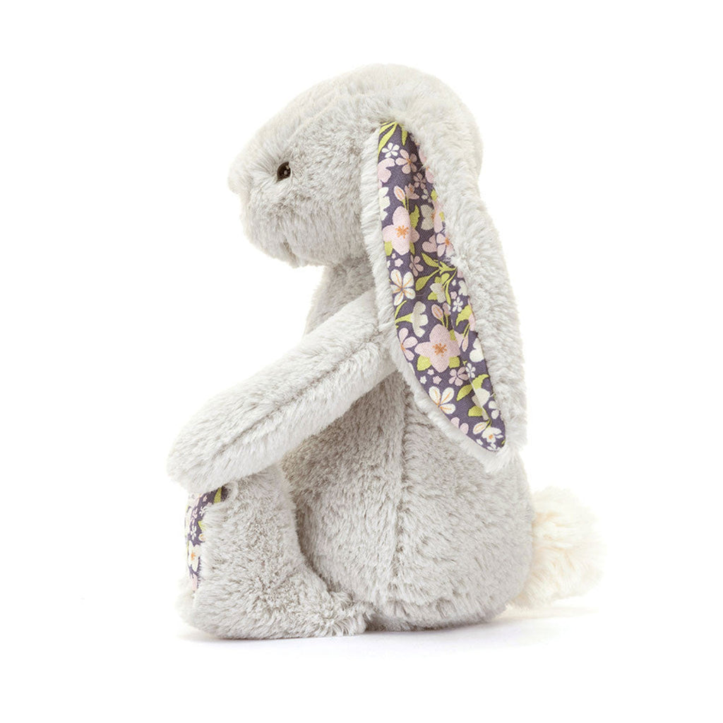 Jellycat Little Bloom Blossom Silver Bashful Bunny, side view.