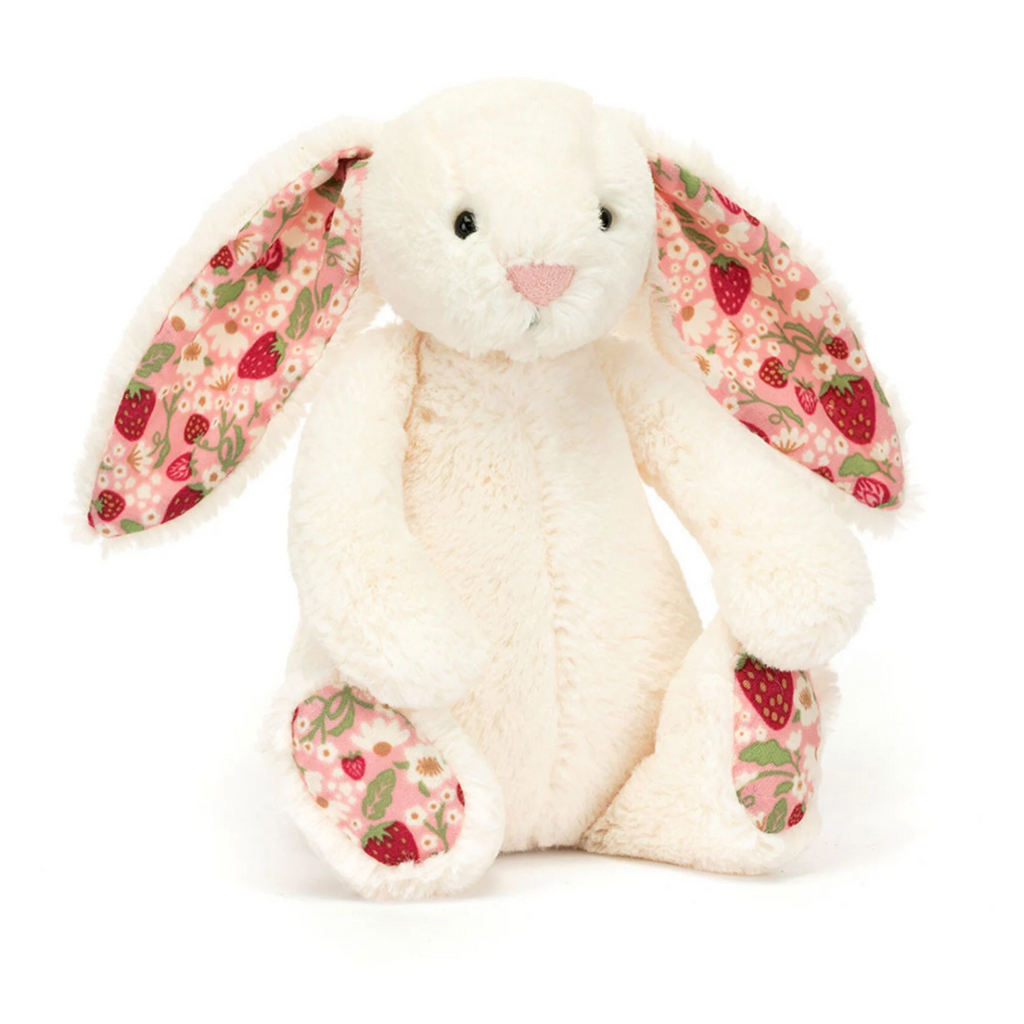 Jellycat Little Berry Blossom Cream Bashful Bunny, front angle view.