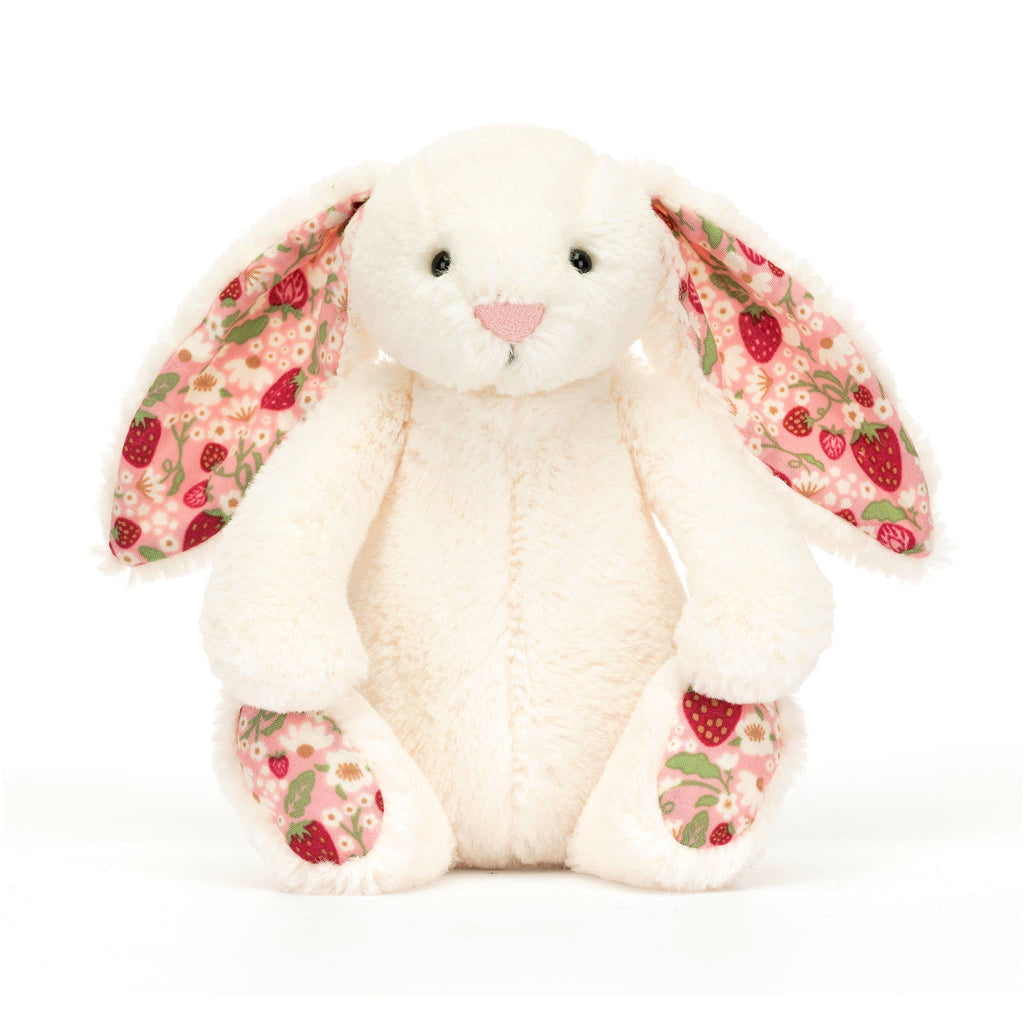 Jellycat Little Berry Blossom Cream Bashful Bunny, front view.