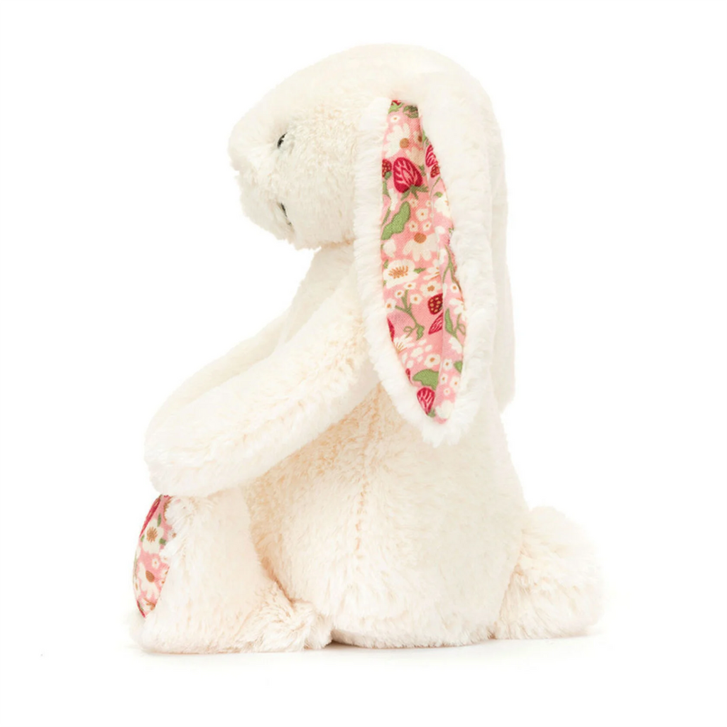 Jellycat Little Berry Blossom Cream Bashful Bunny, side view.