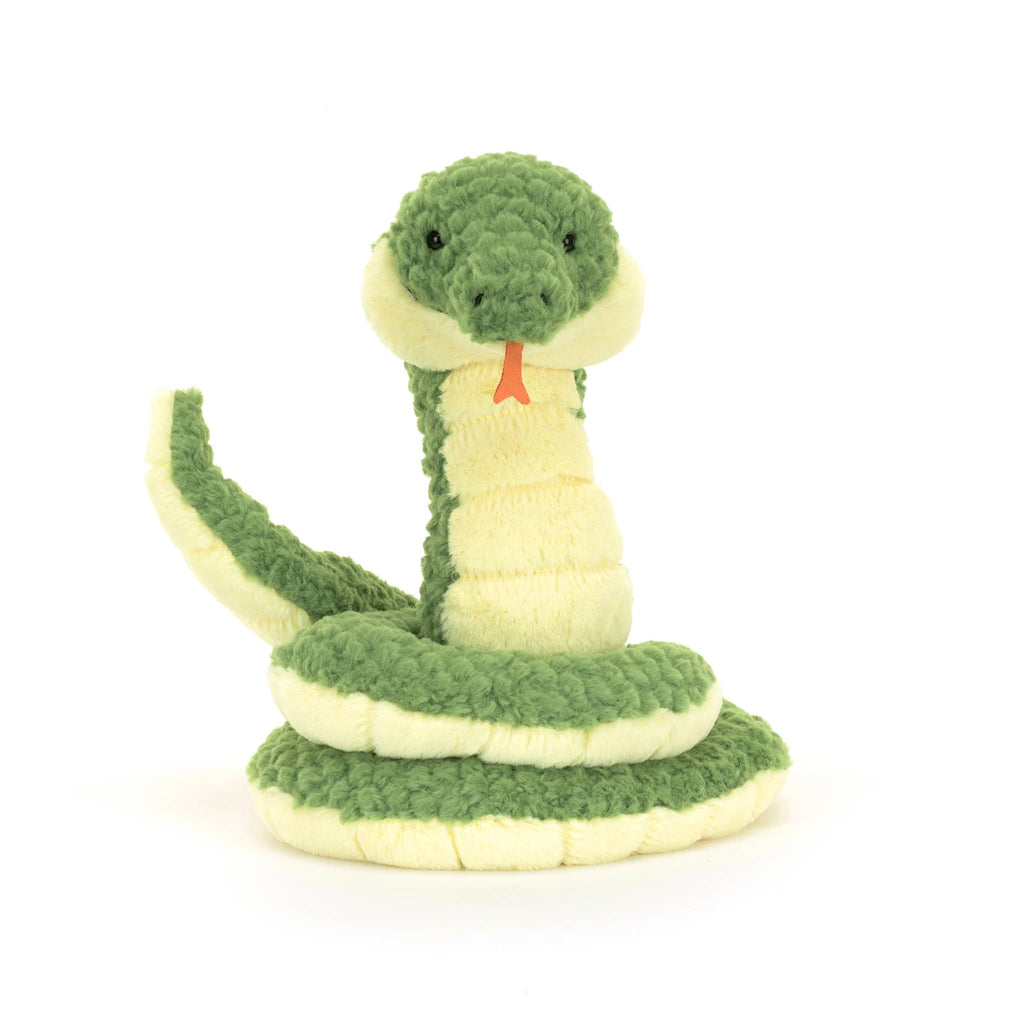 Jellycat Cizi Snake yellow and green plush toy, front view.